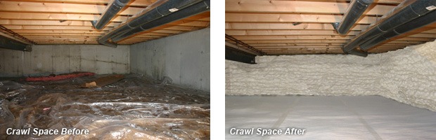 Crawl space before encapsulation and after.